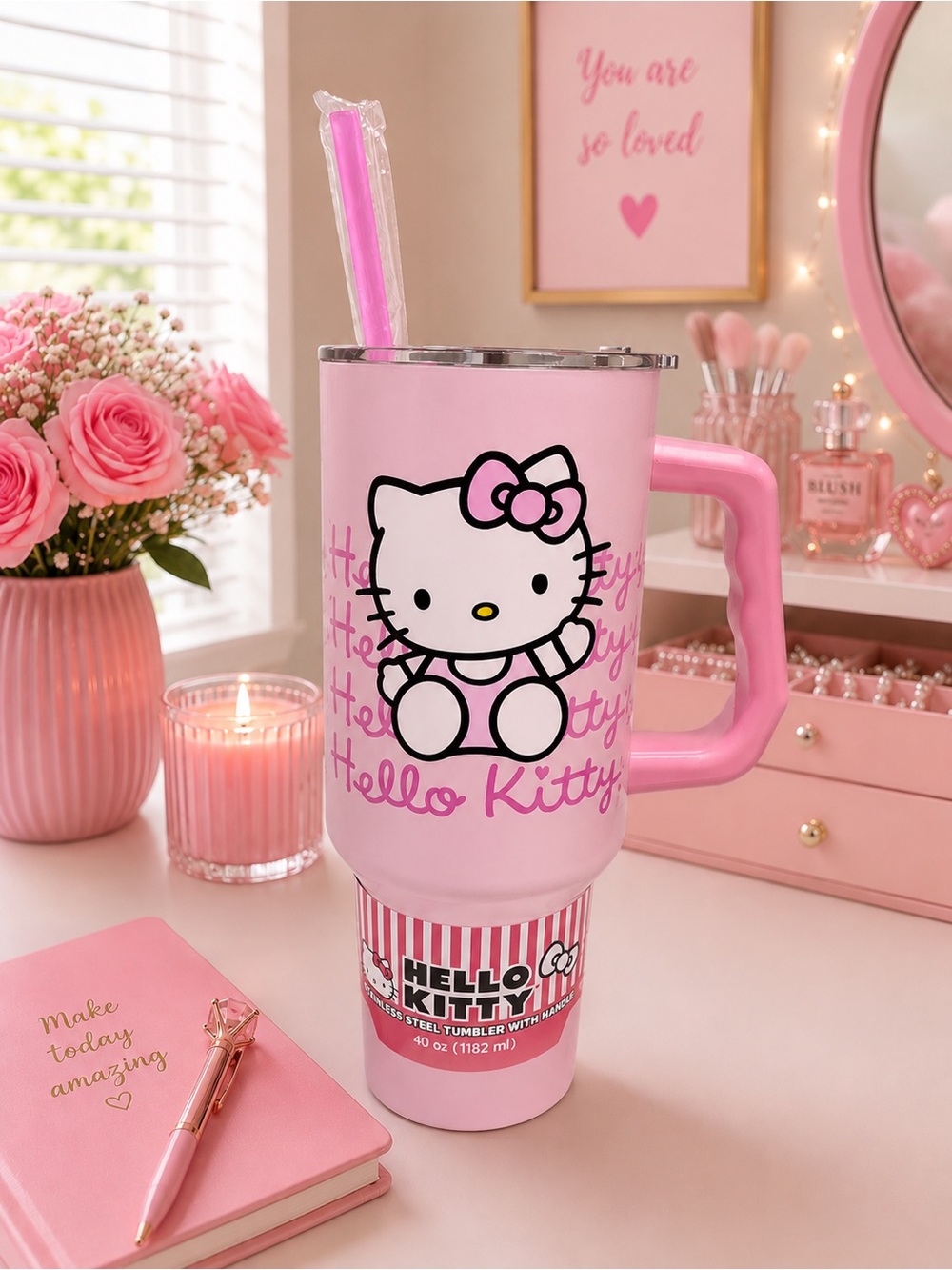 Hello Kitty- NWT  Pink Insulated Stainless Steel Tumbler with Handle and Straw